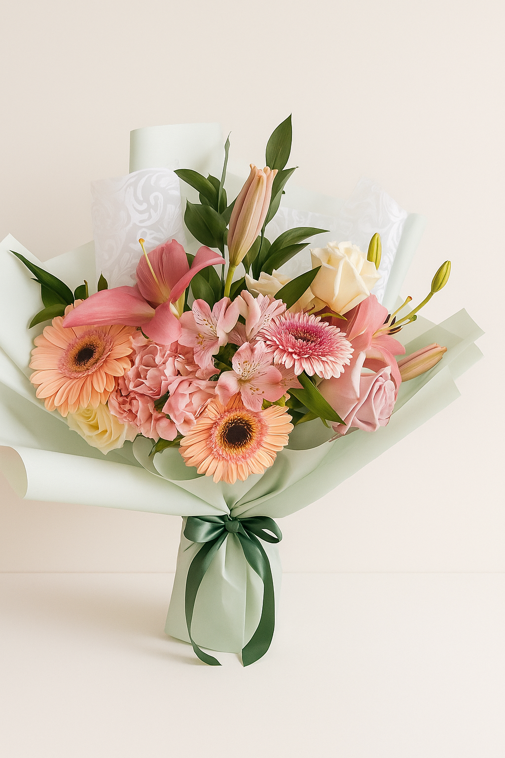 Ramo Aurora Pastel Fioretta con gerberas, lirios y rosas en tonos pastel, envuelto en papel verde menta con lazo verde. Arreglo floral elegante y femenino Fioretta.