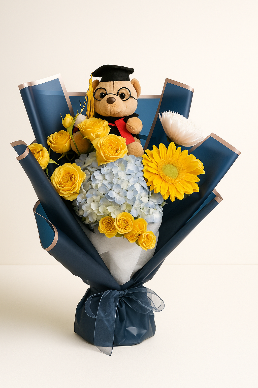 Brillo Académico Fioretta – Ramo con flores amarillas y celestes con osito de graduación.