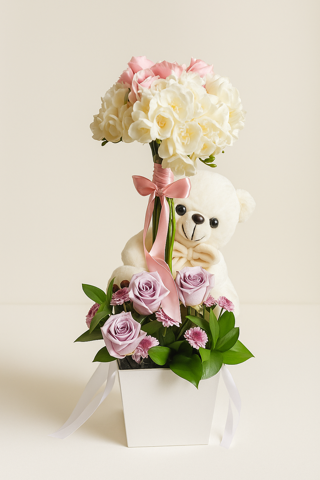 Dulzura Infinita – Arreglo floral pastel con peluche blanco.