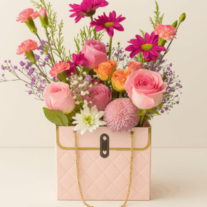 Encanto de Rosé Fioretta – Arreglo floral en bolso rosado con rosas y margaritas.