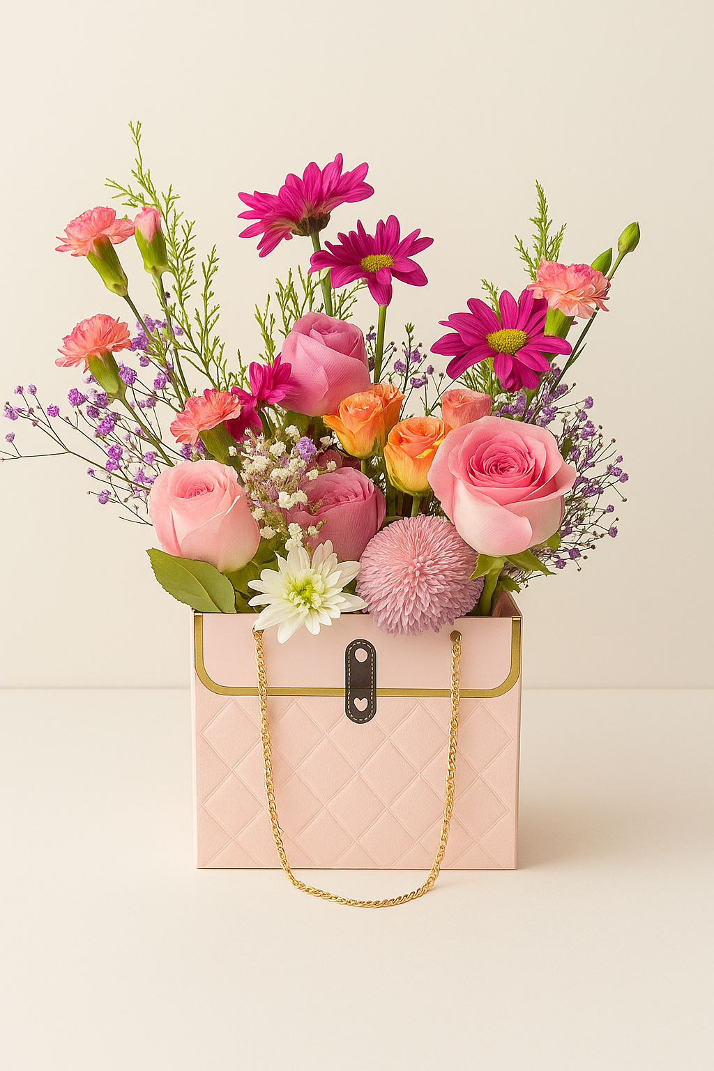 Encanto de Rosé Fioretta – Arreglo floral en bolso rosado con rosas y margaritas.