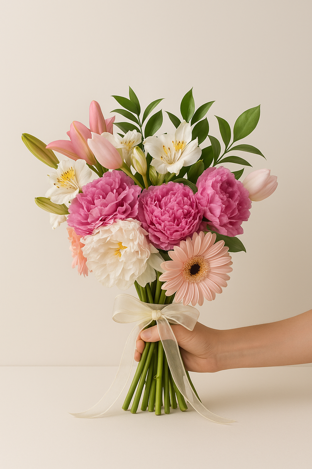 Ramo Amanecer Fioretta con peonías rosadas, tulipanes y gerberas pastel