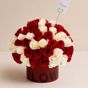 Box de 100 rosas rojas y blancas en diseño premium de alta florería