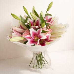 Ramo Encanto Floral Fioretta con lirios rosados y claveles, arreglo floral elegante y delicado