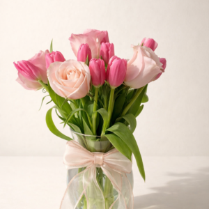 Arreglo Dulcé Rosé Fioretta en florero con tulipanes rosados y rosas rosé, diseño floral delicado y romántico