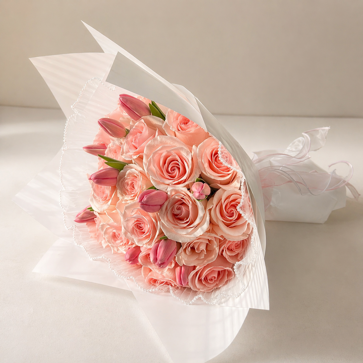 24 Rosas Rosé y 10 Tulipanes