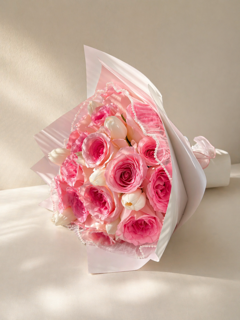 Ramo de 24 rosas rosadas con 10 tulipanes en envoltorio elegante estilo premium
